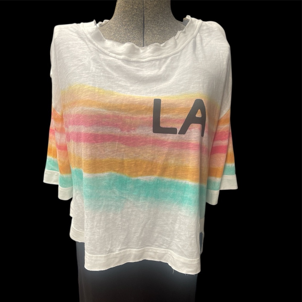 Anthropologie Rainbow Daily Practice top 3/4 sleeve with back cutout.